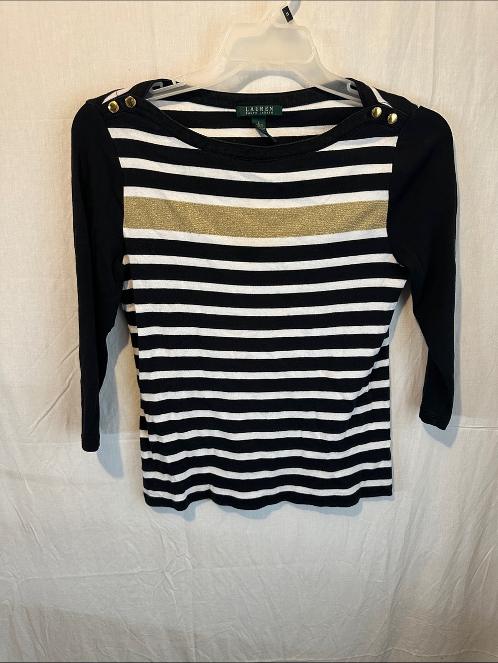 Lauren Ralph Lauren Black, White & Gold Striped Long Sleeve Knit Top